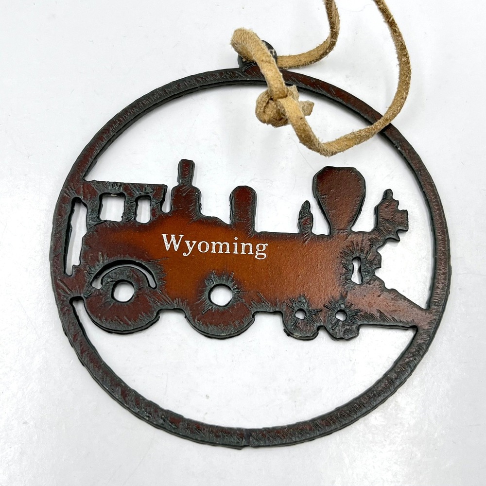 Wyoming Rusted Metal Steam Train Locomotive Ornament Leather Cord Western Decor
